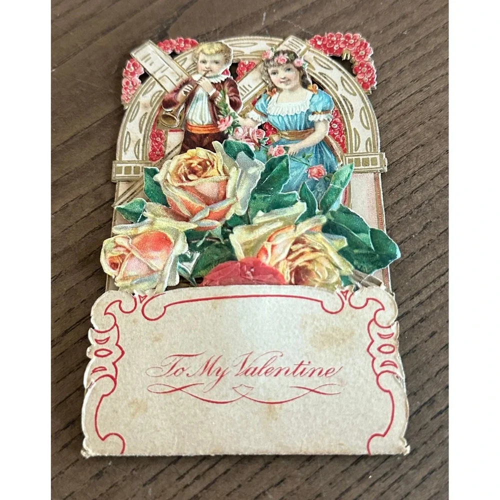 Antique Victorian Pull Down Valentine Card‎ Windmill Boy Girl Die Cut Germany